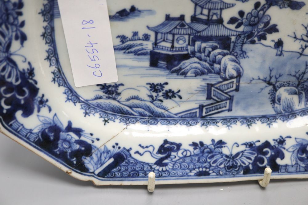 A Chinese blue and white meat dish, a Cantonese vase and another piece, tallest 24cm